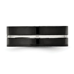Stainless Steel Polished Black IP-plated CZ Grooved 8mm Comfort Fit Band