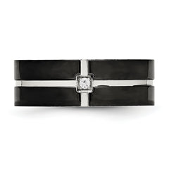Stainless Steel Polished Black IP-plated CZ Grooved 8mm Comfort Fit Band