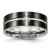 Stainless Steel Polished Black IP-plated CZ Grooved 8mm Comfort Fit Band