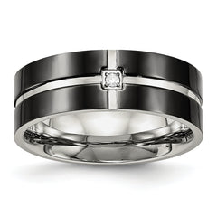 Stainless Steel Polished Black IP-plated CZ Grooved 8mm Comfort Fit Band