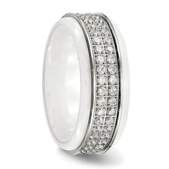 Chisel Stainless Steel Polished White Ceramic CZ Ridged Edge Ring