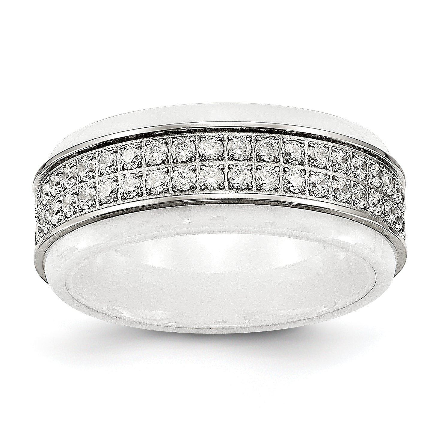Chisel Stainless Steel Polished White Ceramic CZ Ridged Edge Ring