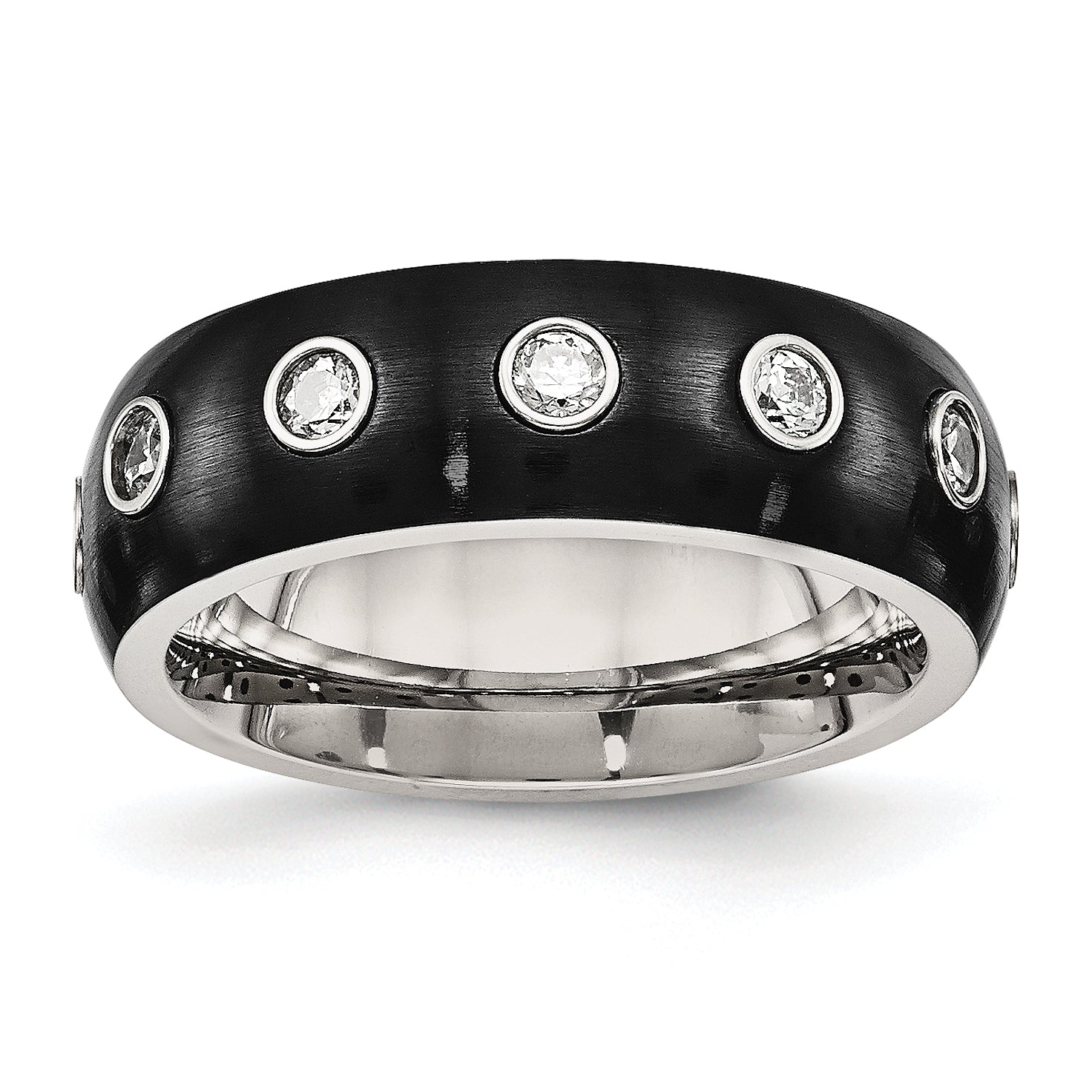 Chisel Stainless Steel Brushed and Polished Black IP-plated CZ Half Round 7mm Band