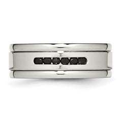 Stainless Steel Polished w/Black CZ 8mm Grooved Band
