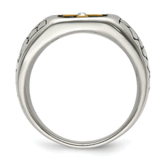 Chisel Stainless Steel Antiqued and Polished Yellow IP-plated with Crystal Cross Ring