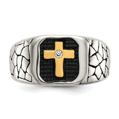Chisel Stainless Steel Antiqued and Polished Yellow IP-plated with Crystal Cross Ring