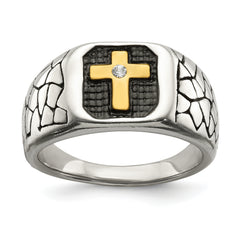 Chisel Stainless Steel Antiqued and Polished Yellow IP-plated with Crystal Cross Ring