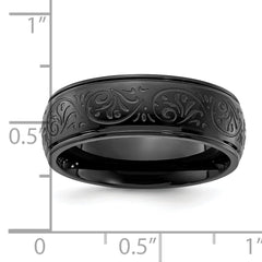 Chisel Stainless Steel Polished Black IP-plated Etched Design Ridged Edge 7.5mm Band