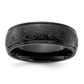 Chisel Stainless Steel Polished Black IP-plated Etched Design Ridged Edge 7.5mm Band