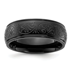 Chisel Stainless Steel Polished Black IP-plated Etched Design Ridged Edge 7.5mm Band