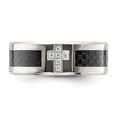 Chisel Stainless Steel Polished with Black Carbon Fiber Inlay CZ Cross 8mm Band