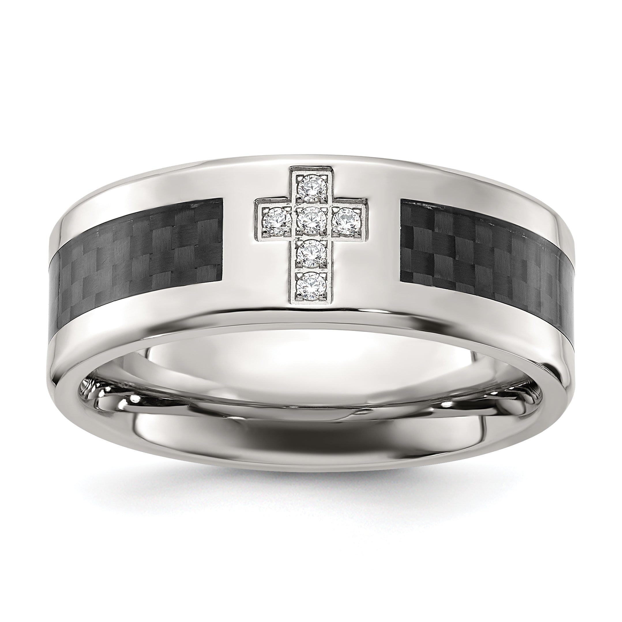 Chisel Stainless Steel Polished with Black Carbon Fiber Inlay CZ Cross 8mm Band