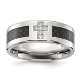 Chisel Stainless Steel Polished with Black Carbon Fiber Inlay CZ Cross 8mm Band