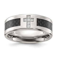 Chisel Stainless Steel Polished with Black Carbon Fiber Inlay CZ Cross 8mm Band