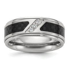 Chisel Stainless Steel Polished with Black Carbon Fiber Inlay and CZ 8mm Band