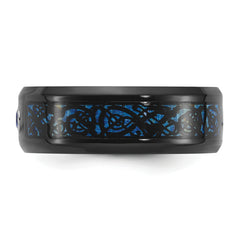 Chisel Stainless Steel Polished Black and Blue IP-plated with CZ Carbon Fiber Inlay in Clear Epoxy 8mm Band