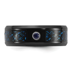 Chisel Stainless Steel Polished Black and Blue IP-plated with CZ Carbon Fiber Inlay in Clear Epoxy 8mm Band
