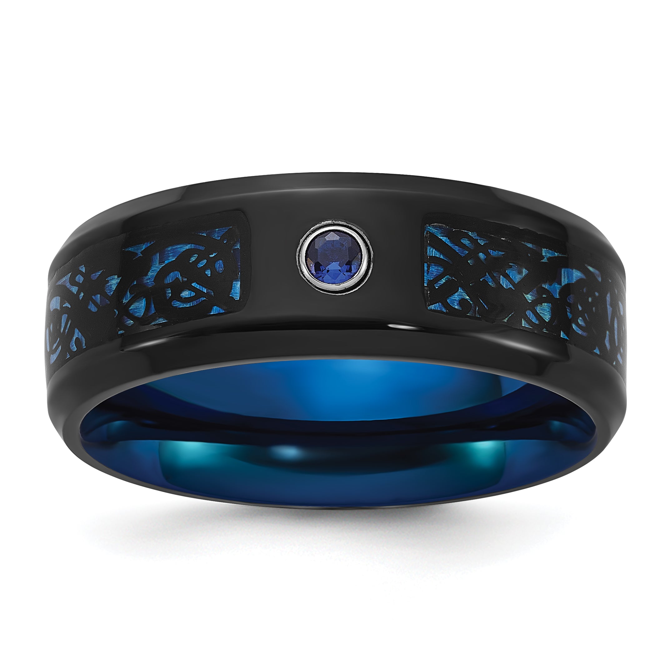 Chisel Stainless Steel Polished Black and Blue IP-plated with CZ Carbon Fiber Inlay in Clear Epoxy 8mm Band
