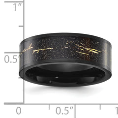 Chisel Stainless Steel Polished Black IP-plated Black and Gold Foil Inlay 8mm Band