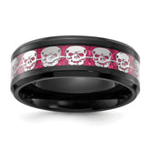 Chisel Stainless Steel Polished  Black IP-plated Skulls with Pink Carbon Fiber Inlay 8mm Band