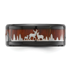Chisel Stainless Steel Polished Black IP-plated with Wood Inlay Deer in Forest Design 9mm Band