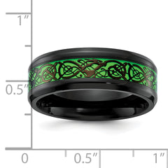 Chisel Stainless Steel Polished Black IP-plated Dragon Design with Green Glow in the Dark Enamel 8mm Band