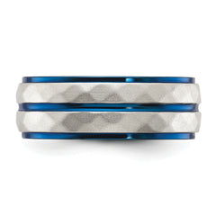 Chisel Stainless Steel Polished and Sand-blasted Faceted Blue IP-plated 8mm Band