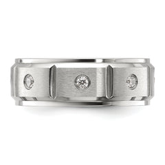 Chisel Stainless Steel Brushed and Polished Grooved with CZ 8mm Band