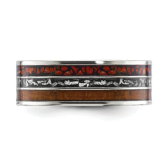 Chisel Stainless Steel Polished with Wood, Imitation Meteorite and Red Stone Inlay 8mm Band