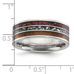 Chisel Stainless Steel Polished with Wood, Imitation Meteorite and Red Stone Inlay 8mm Band