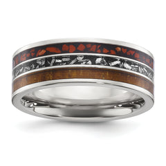 Chisel Stainless Steel Polished with Wood, Imitation Meteorite and Red Stone Inlay 8mm Band