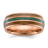 Chisel Stainless Steel Polished Rose IP-plated with Wood and Imitation Opal Inlay 8mm Band