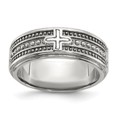 Chisel Stainless Steel Polished Cross 7.7mm Grooved and Beaded Band