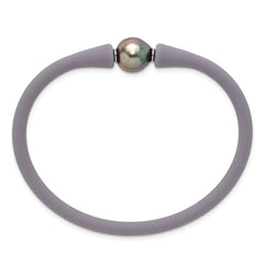 Stainless Steel 10-11mm Black Tahitian Pearl Grey Silicone Bracelet