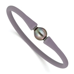 Stainless Steel 10-11mm Black Tahitian Pearl Grey Silicone Bracelet