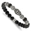 Stainless Steel Antiqued and Polished Buddha 8mm Black Agate and Grey Jasper Beaded Stretch Bracelet for Men