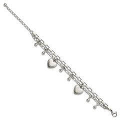 Chisel Stainless Steel Polished Hearts and Beads 7 inch Multi Chain Bracelet with 2 inch Extension