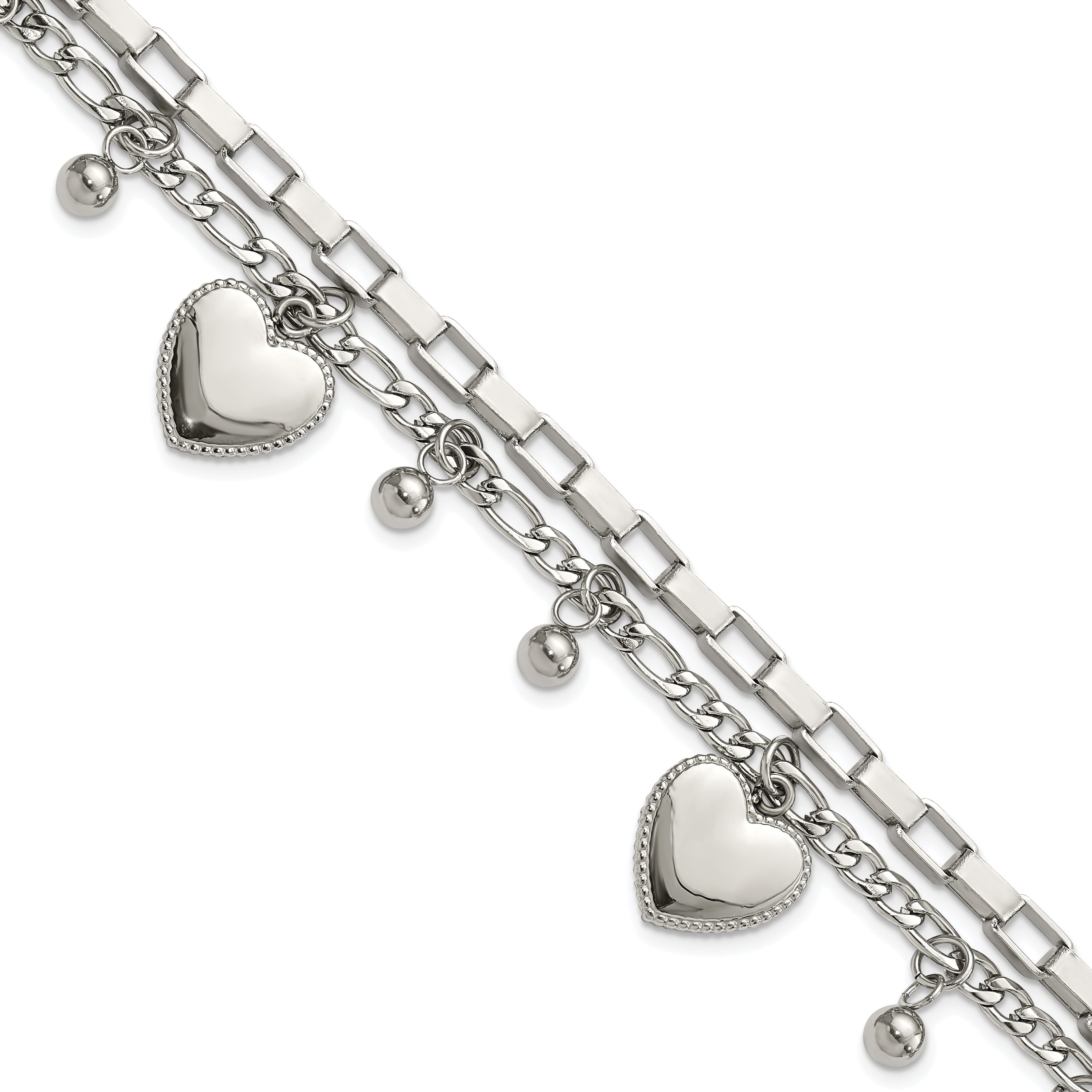 Chisel Stainless Steel Polished Hearts and Beads 7 inch Multi Chain Bracelet with 2 inch Extension