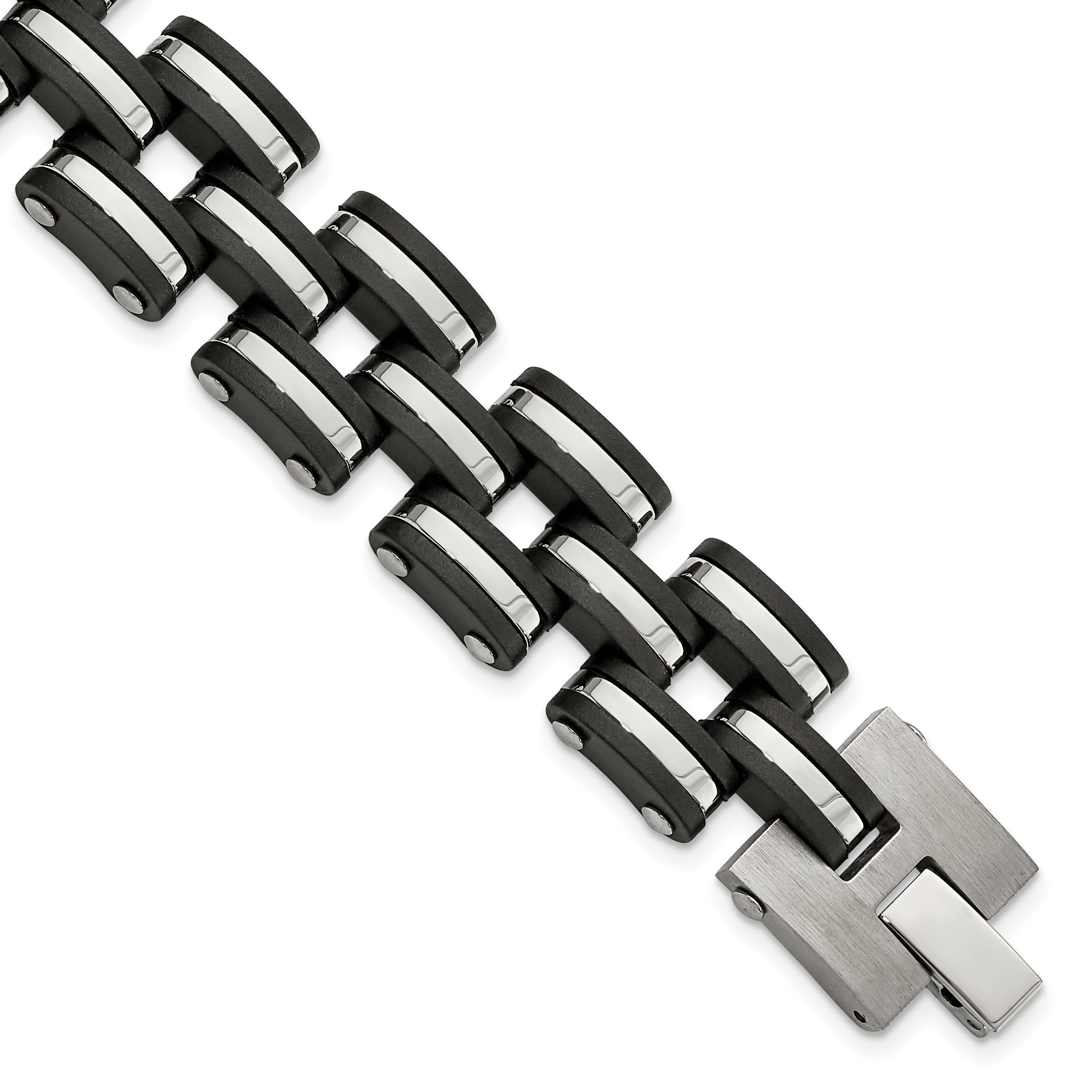 Chisel Stainless Steel Brushed and Polished with Black Rubber 8 inch Link Bracelet
