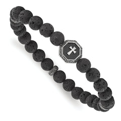 Chisel Stainless Steel Antiqued and BrushedCross 8.5mm Lava Stone Beaded Stretch Bracelet