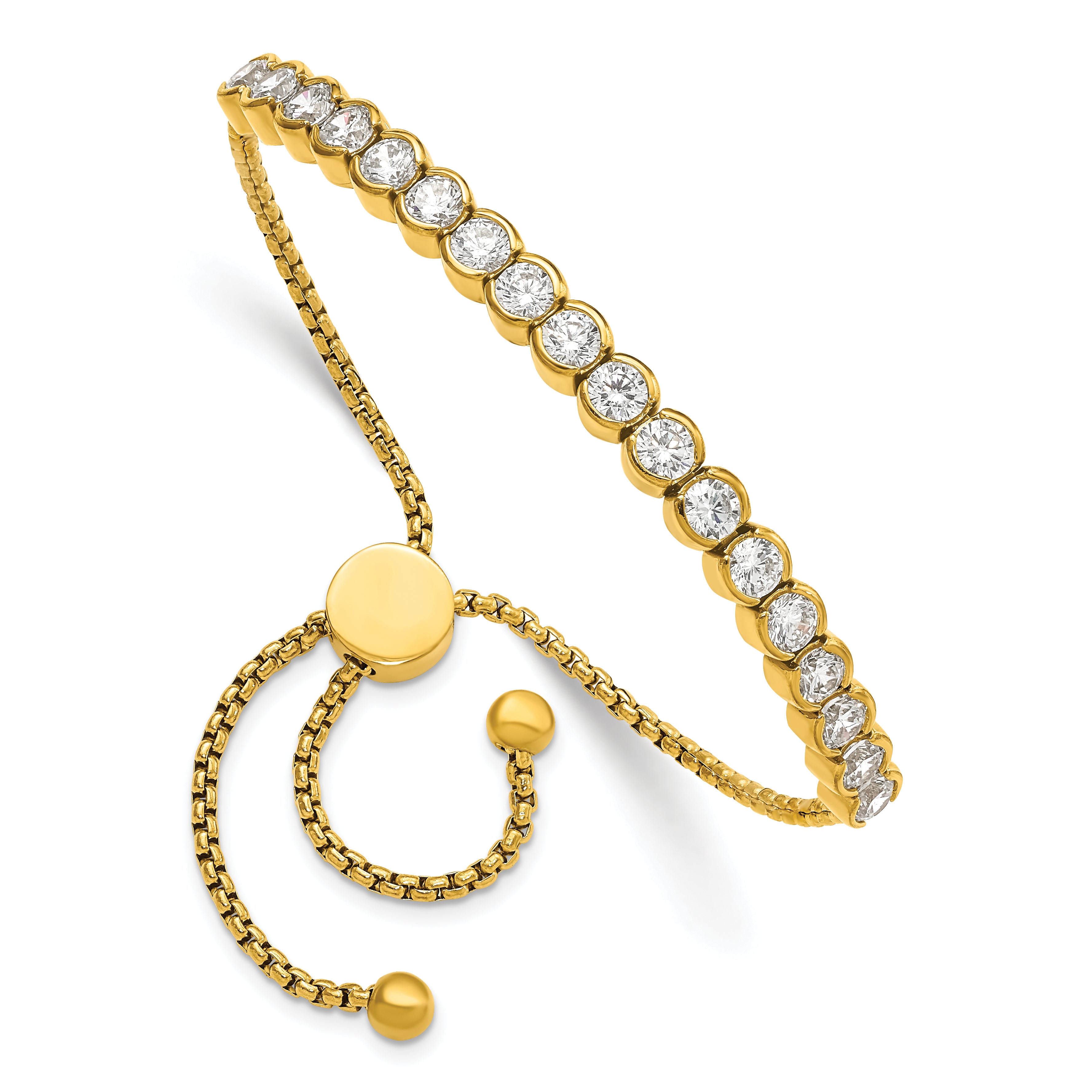 Chisel Stainless Steel Polished Yellow IP-plated with Round CZ Adjustable Bracelet