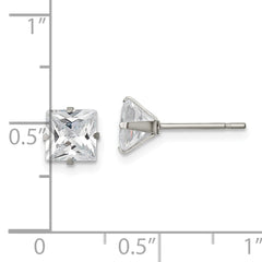 Stainless Steel 6mm Square Cubic Zirconia Stud Earrings, Polished Finish