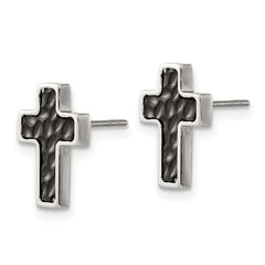 Chisel Stainless Steel Brushed Polished and Textured Black IP-plated Cross Post Earrings