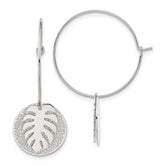 Chisel Stainless Steel Polished Textured Circle with Leaf Dangle Hoop Earrings