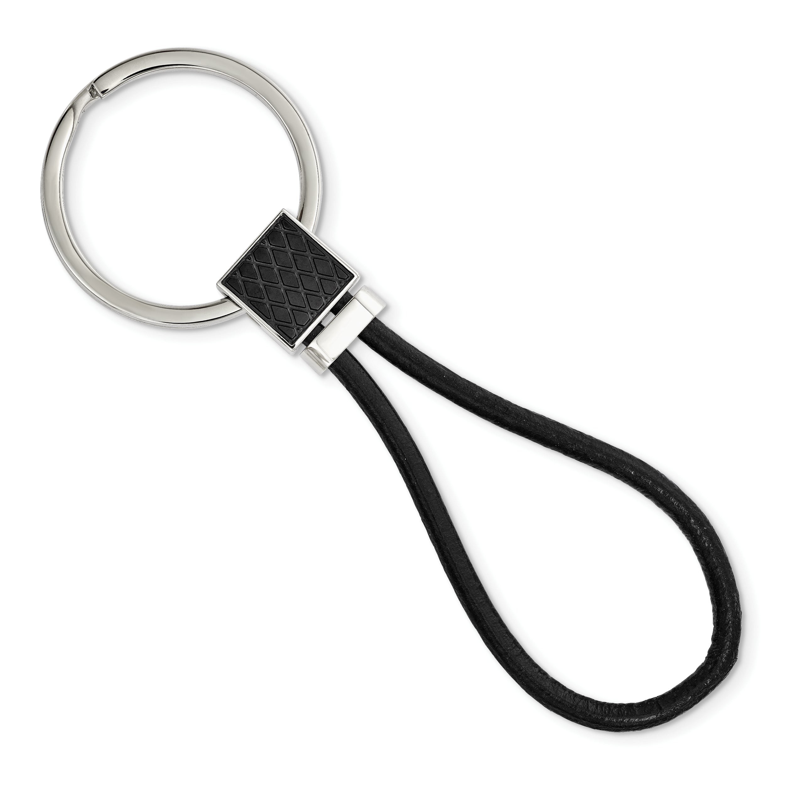 Chisel Stainless Steel Polished Black IP-plated and Black Leather Key Ring