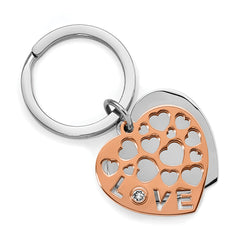 Chisel Stainless Steel Polished Rose IP-plated with Crystals LOVE Hearts 2 Piece Key Ring