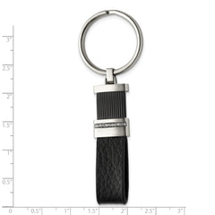 Stainless Steel Polished Black IP Black Diamond Preciosa Leather Key Ring