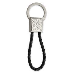 Chisel Stainless Steel Brushed and Hammered Black Leather Key Ring