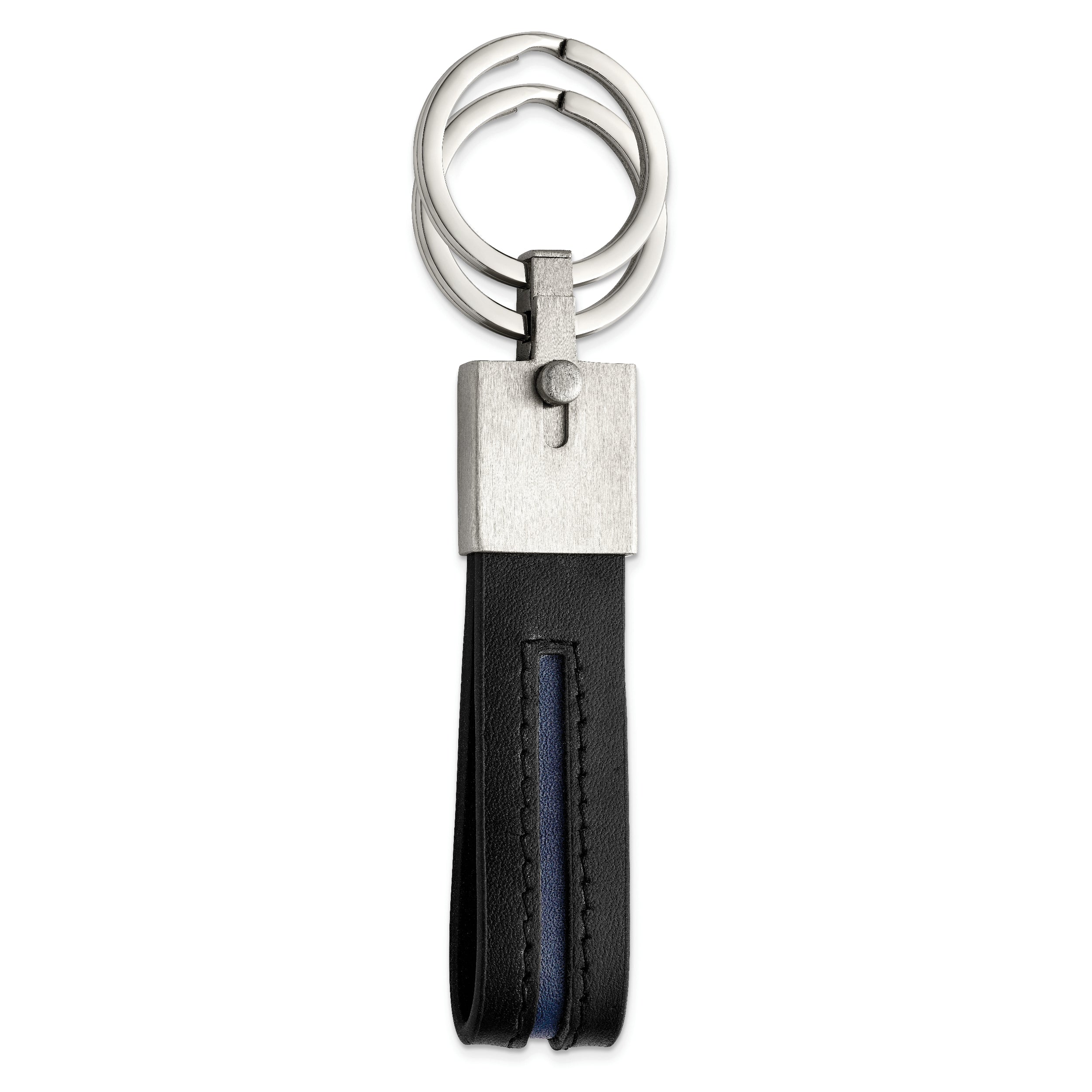 Chisel Stainless Steel Brushed with Removable Ring Black and Blue Leather Key Ring