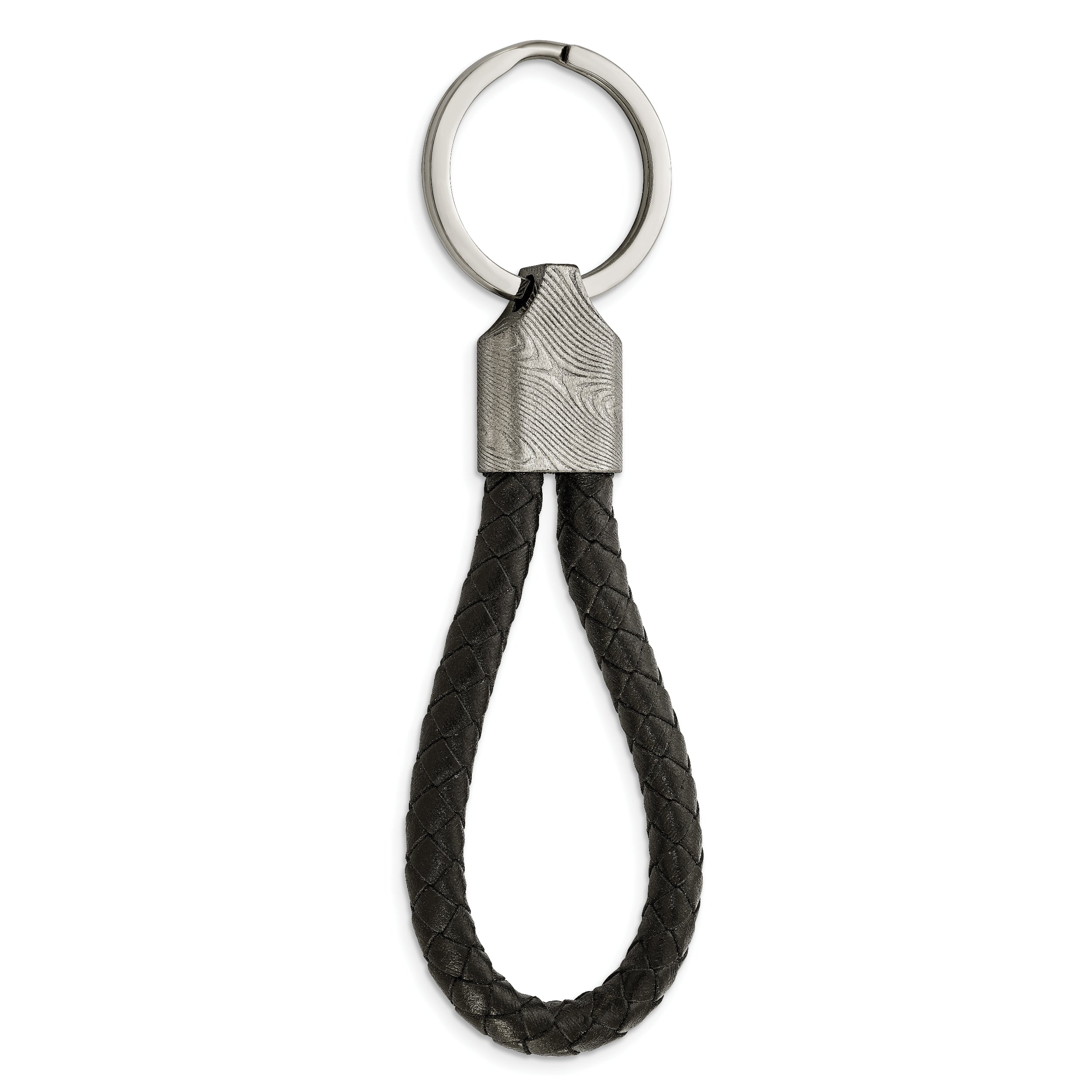 Chisel Damascus Steel Brushed and Textured Black Leather Key Ring